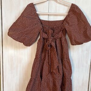 Faithfull the Brand polka dot Brown short bubble Sleeve Dress